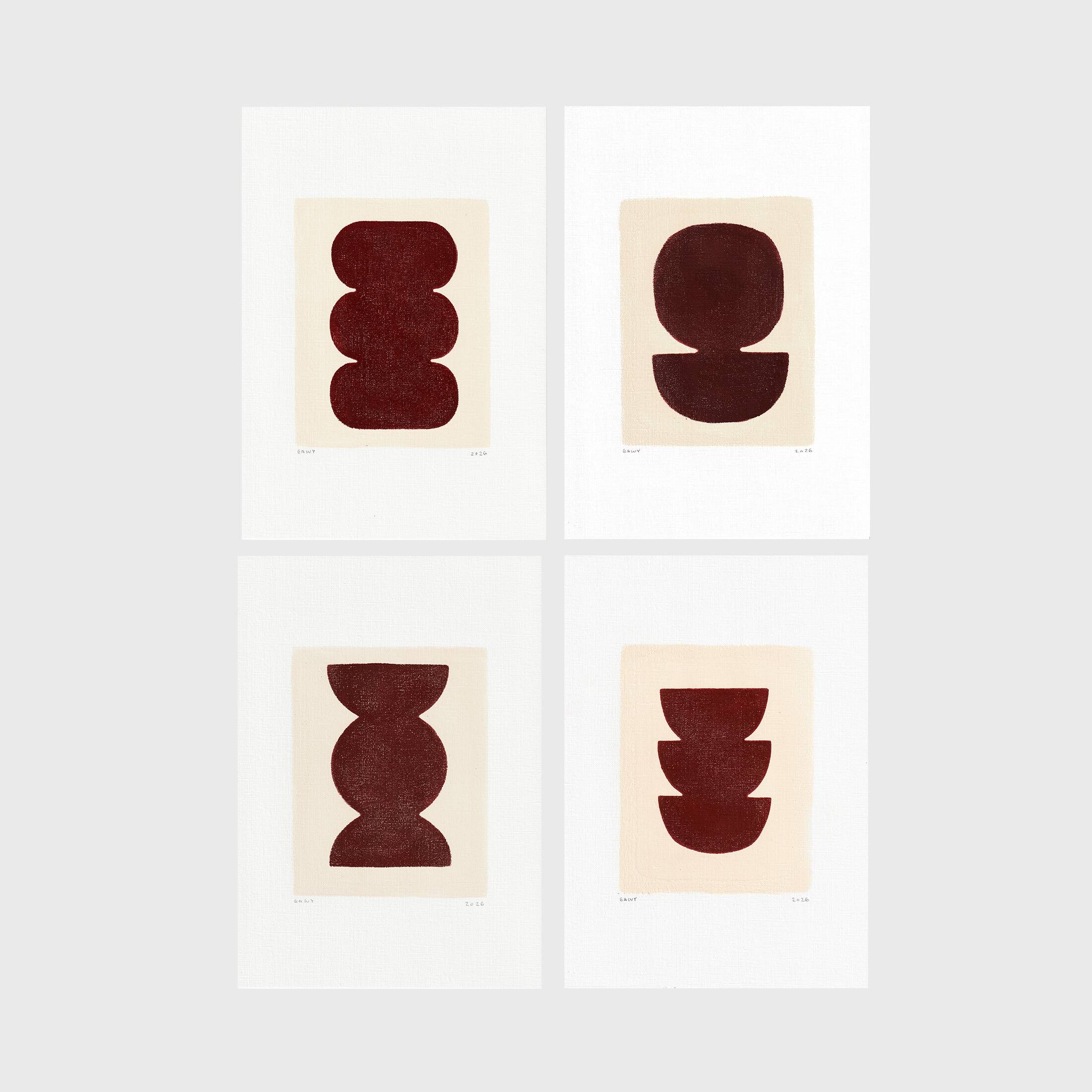 Collection of 4 abstract paintings on brown paper signed Eawy.
