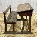 Early 20th century oak school desk with porcelain inkwells