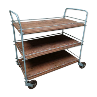 Industrial trolley factory cart blue with wood