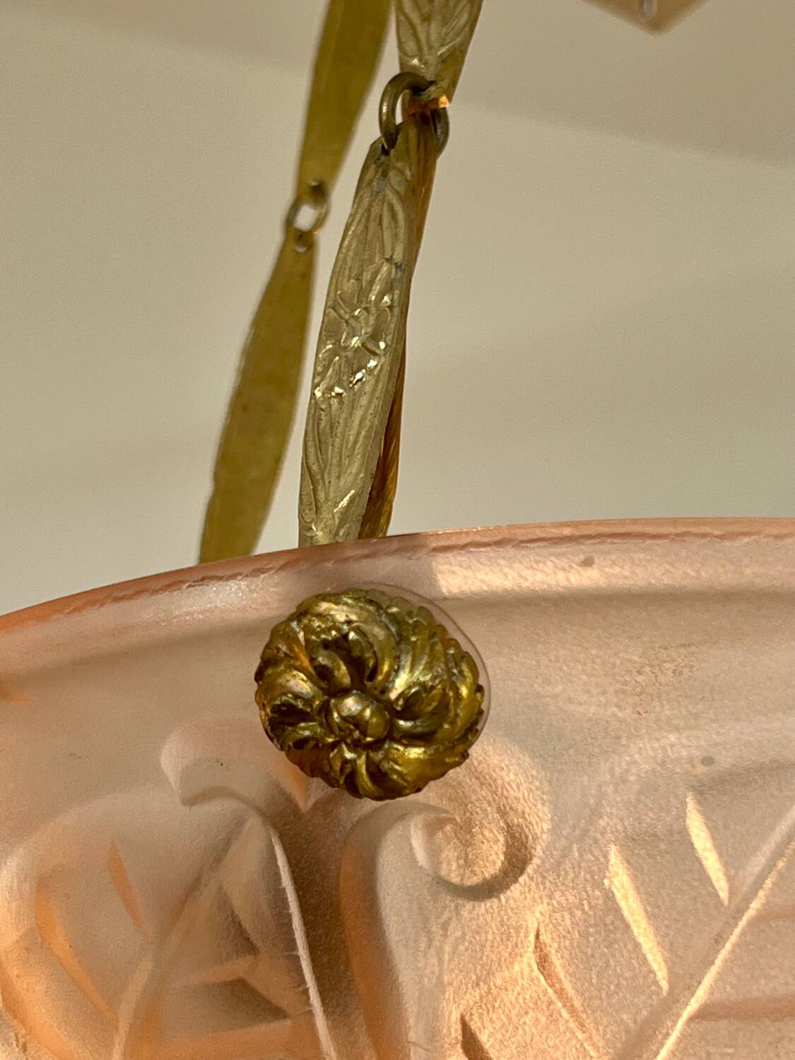 Art Deco glass and bronze pendant light/basin signed Degué