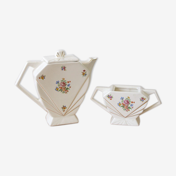 Théière et sucrier porcelaine blanche à fleurs et liseré doré