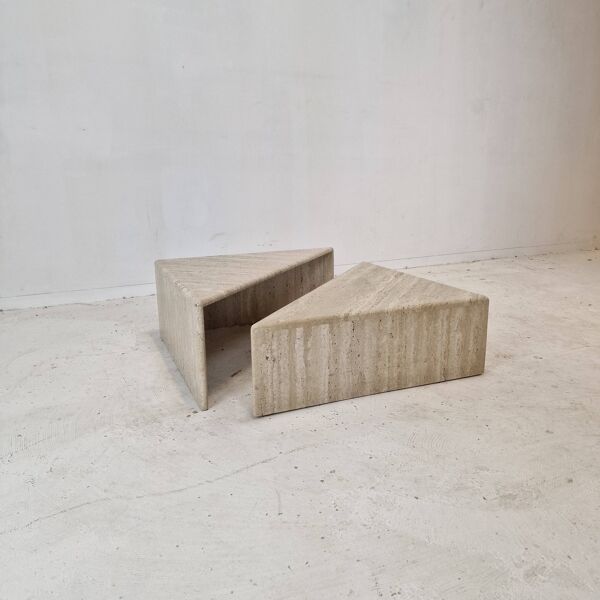Set of Two Triangle Coffee Tables In Travertine By Up & Up, Italy 1980's