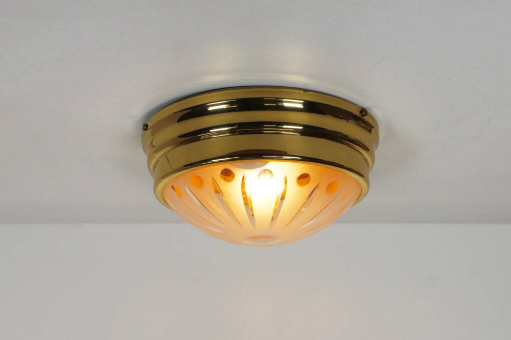 Single vintage brass ceiling light with glass globe