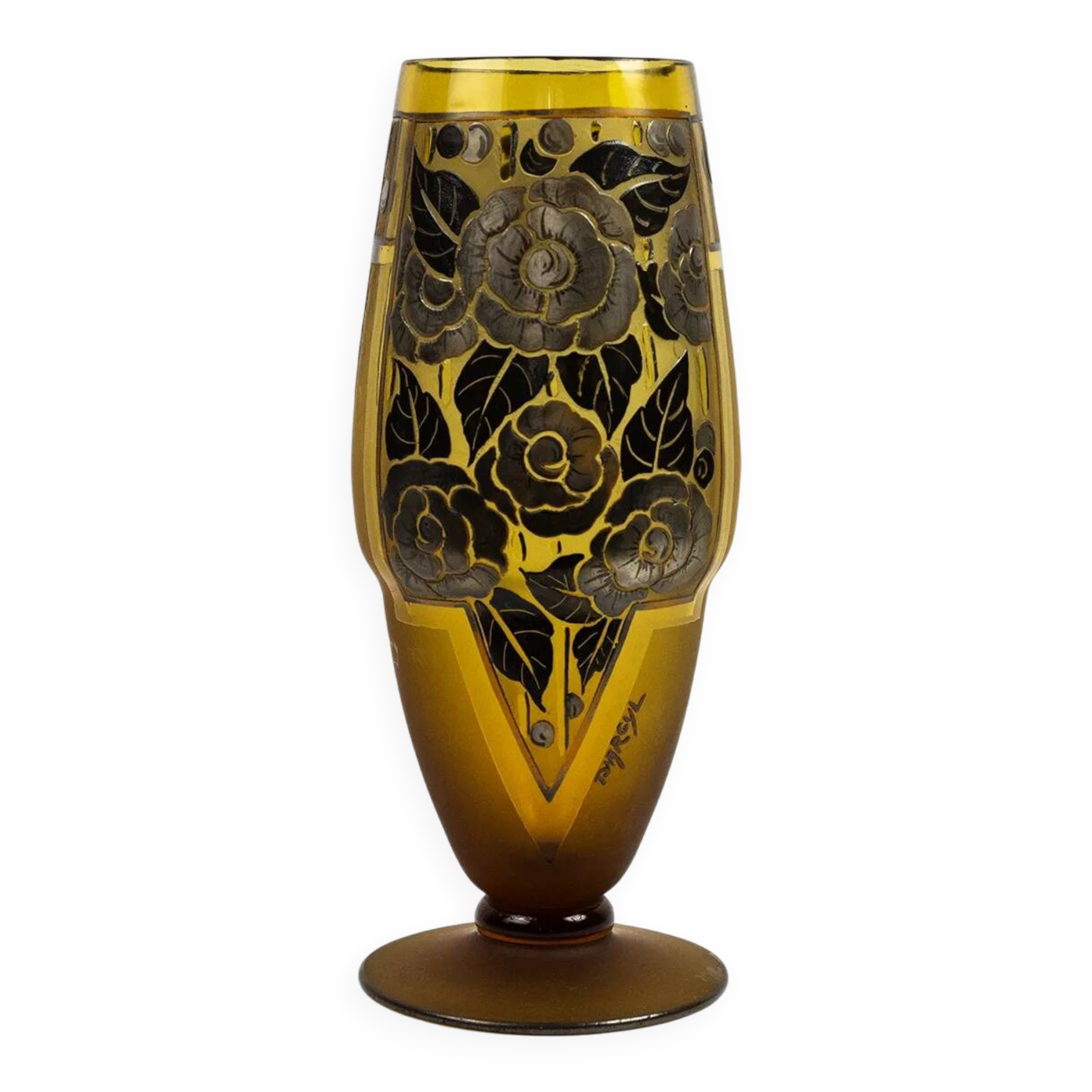 Art Deco vase in amber glass with acid-etched floral decoration – D'Argyl