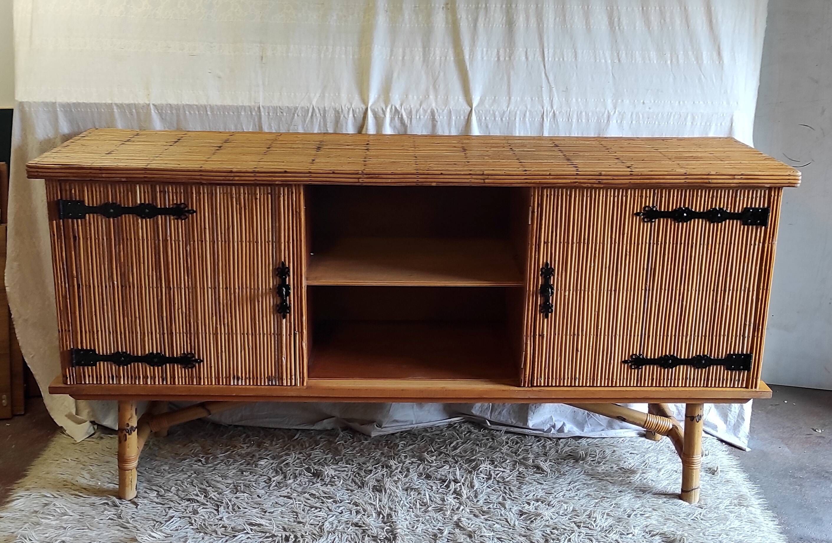 Rattan and bamboo sideboard in the style of "Le doux Minet" - 1960s/70s
