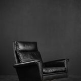 Mid-century danish modern minimalist black leather swivel armchair by georg thams, 1960s
