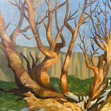 Old painting forest tree oil on canvas