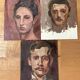 Lot of three portraits – Oils on canvas on cardboard – 20th century