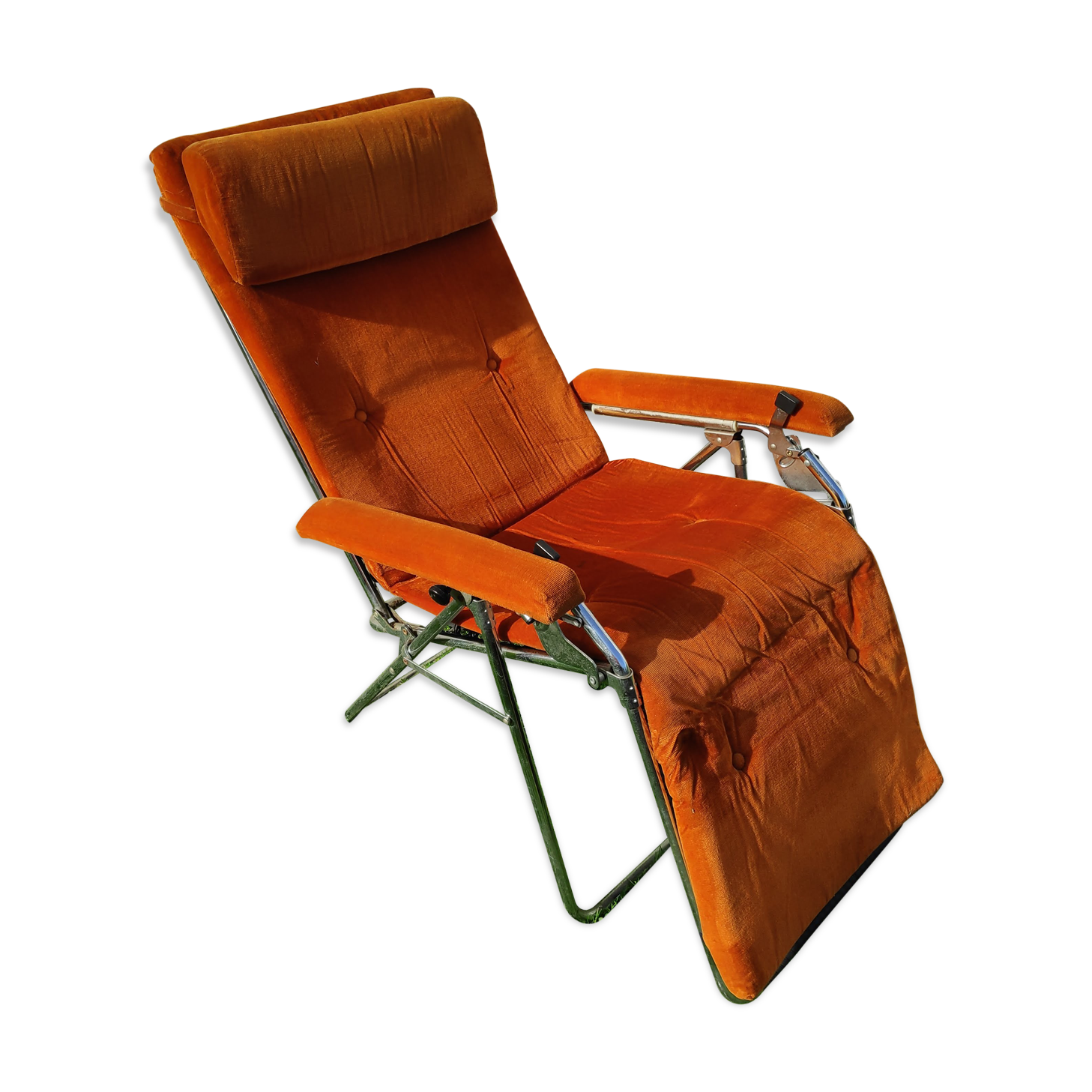 Transat Lafuma Starlax en tubes d'acier & velours orange années 70