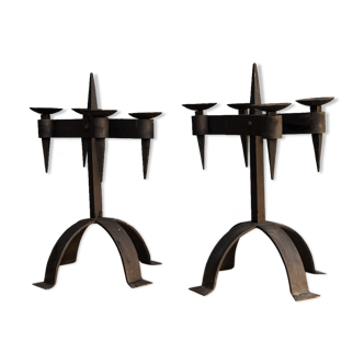 Pair of brutalist wrought iron candlesticks