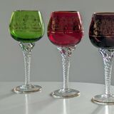 Set of 3 colored wine glasses - Ruby, red, green, gold and twisted foot