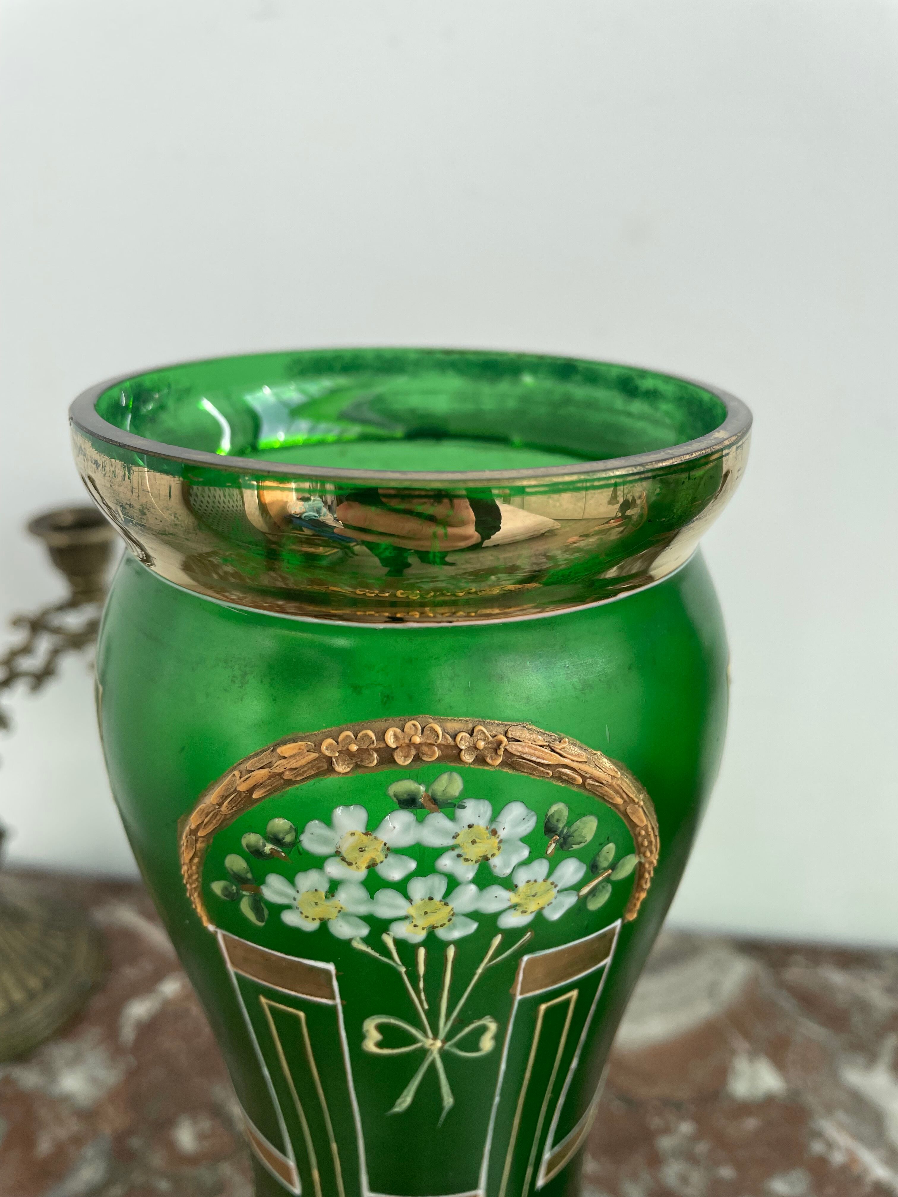 Antique, pair, green vases, flower decoration, golden, ART DECO, daisies, knot, hand painted