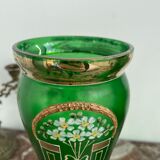 Paire de vases verts, décor fleurs, doré, art deco, marguerites, nœud, peint à la main, antique