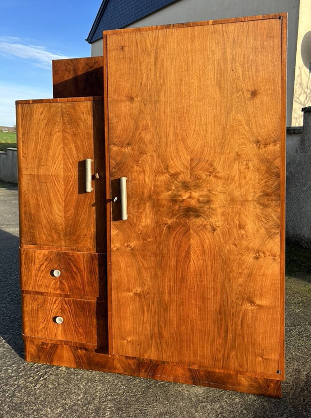 Asymmetrical wardrobe, Art Deco, 1930s walnut burl, wardrobe, shelves, drawers