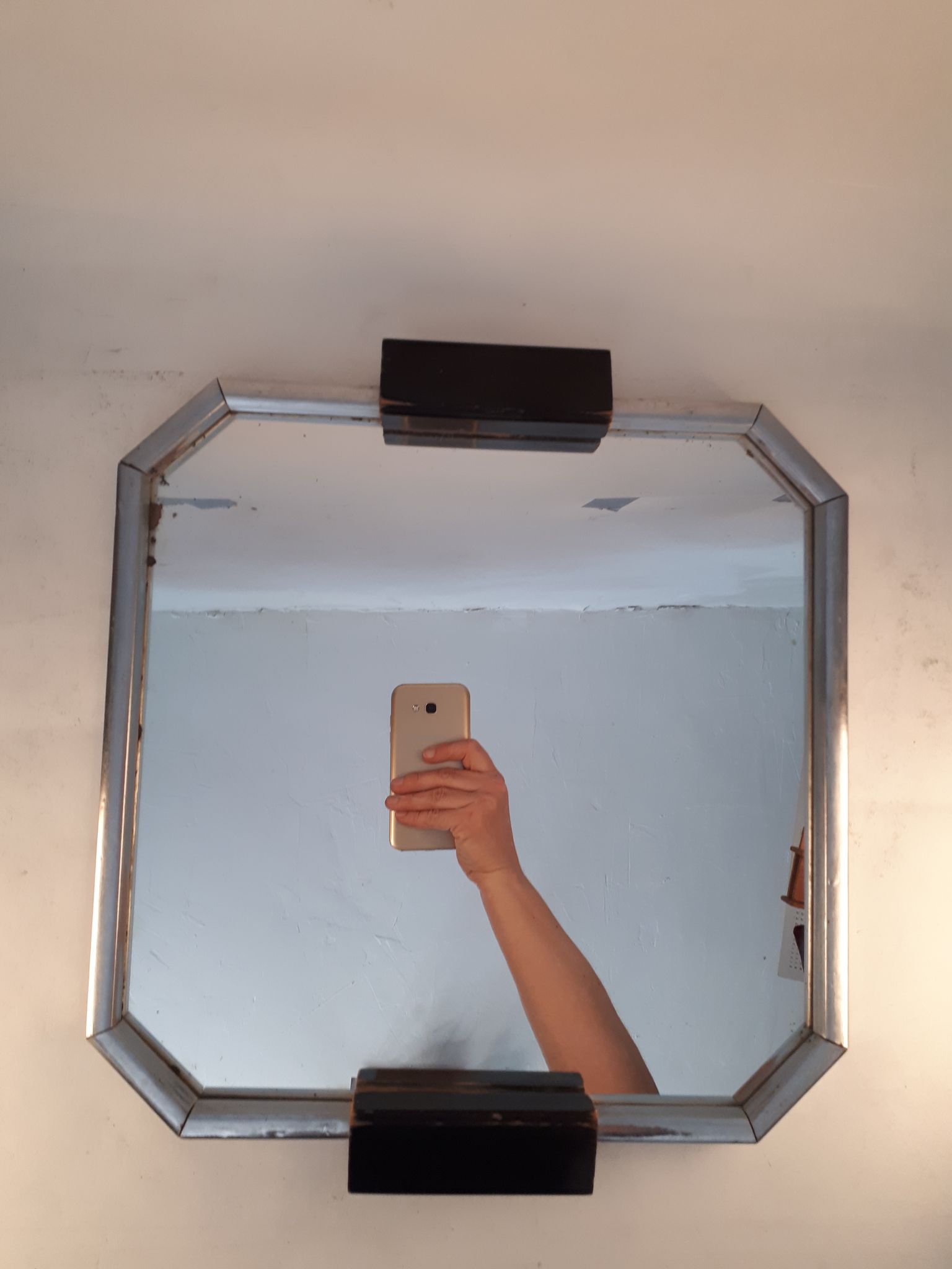 Plateau de service miroir métal et bois carré art déco 1930