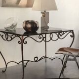 French Art Deco Wrought Iron Dining Table with Black Colored Glass, 1930s