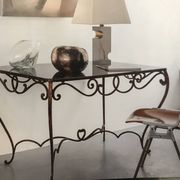 Table à manger Art Déco en fer forgé avec verre noir, années 1930