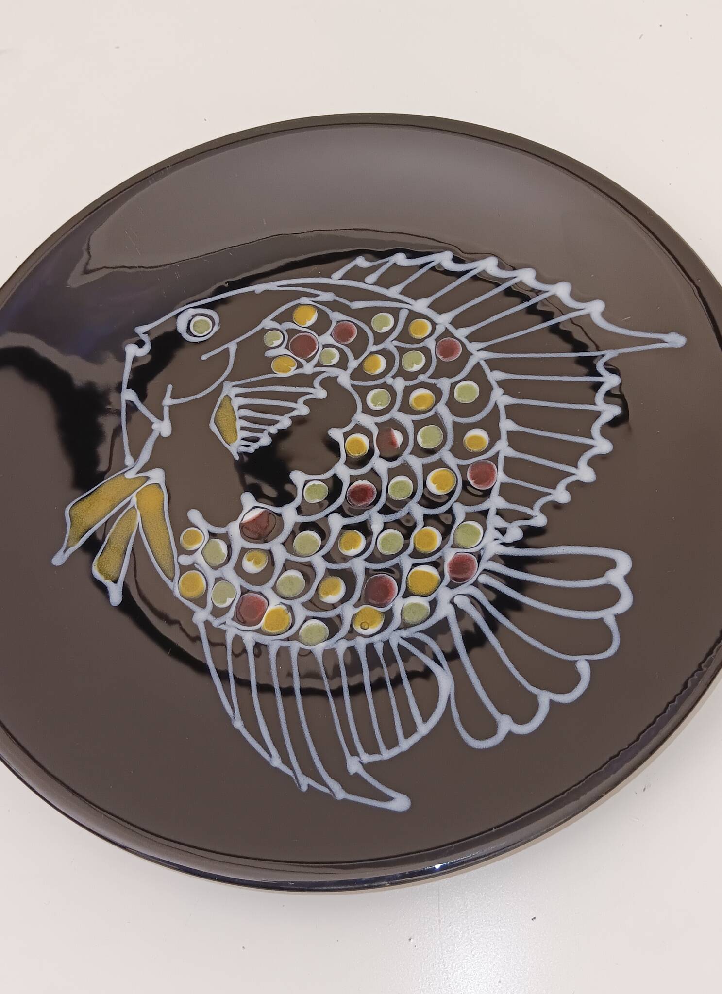 Rare assiette longchamp céramique d'art france décor poisson par le célèbre céramiste robert picault