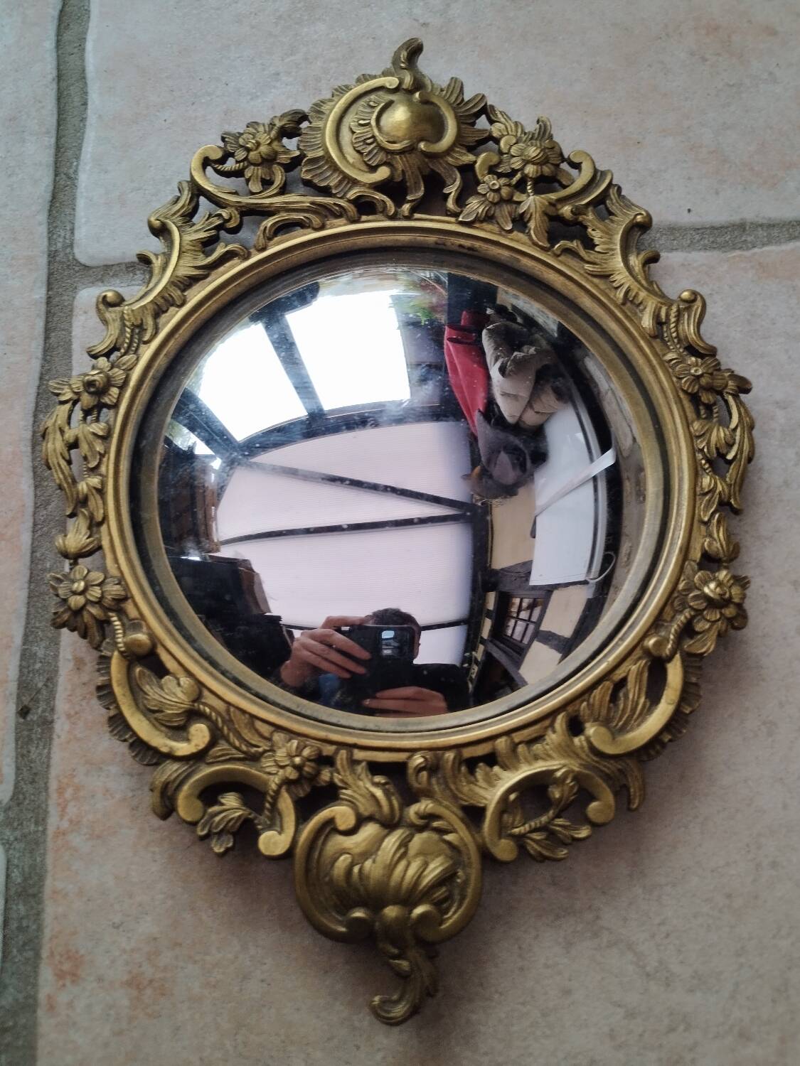 Pair of antique witch mirrors, curved glass, bronze frame