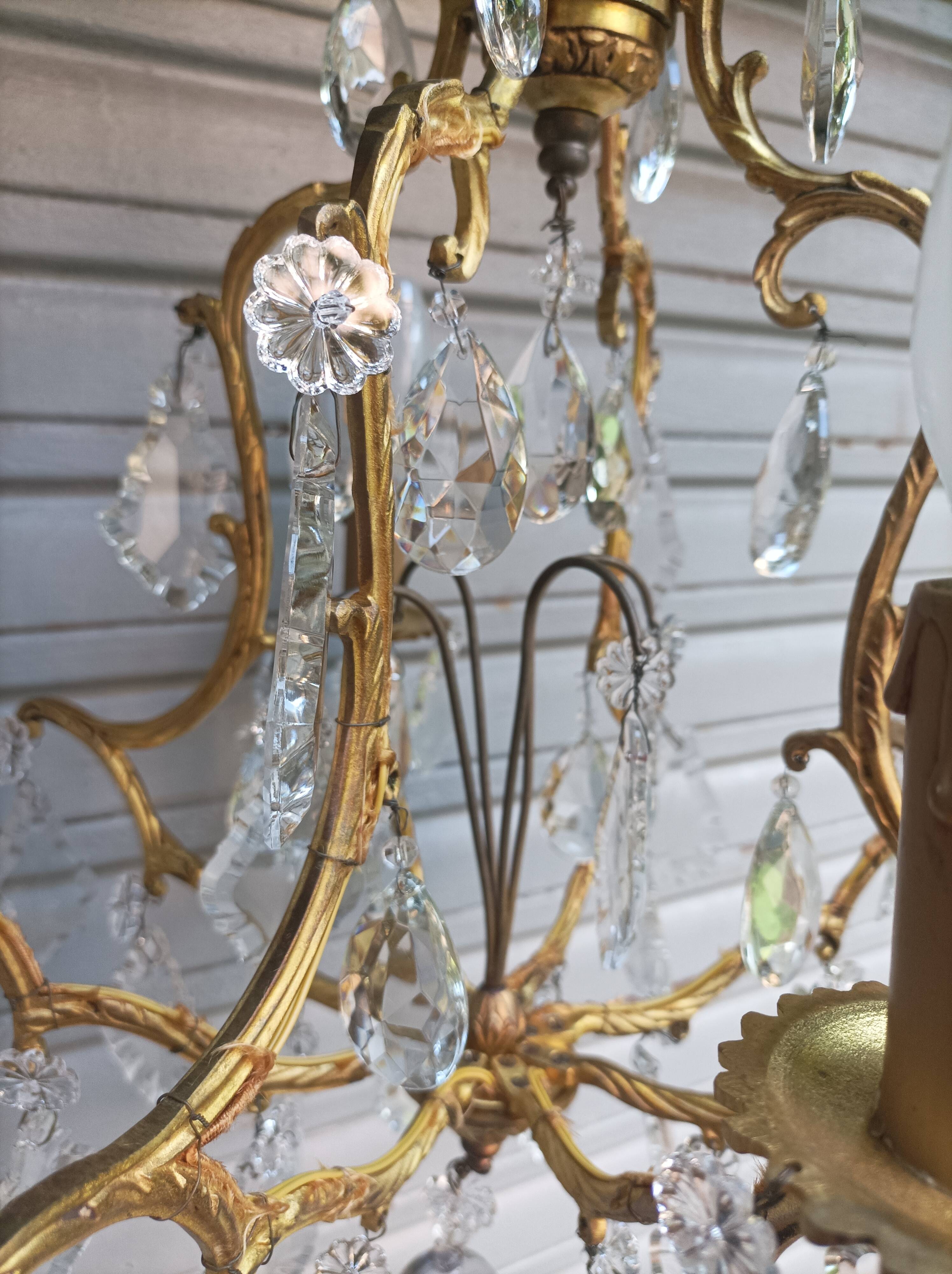 Rare old cage chandelier in gilded bronze and crystal 4 lights / WORKING CONDITION LEFT?