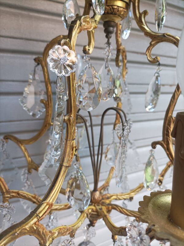 Rare ancien lustre cage en bronze doré et cristal 4 feux