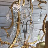 Rare old cage chandelier in gilded bronze and crystal 4 lights / WORKING CONDITION LEFT?