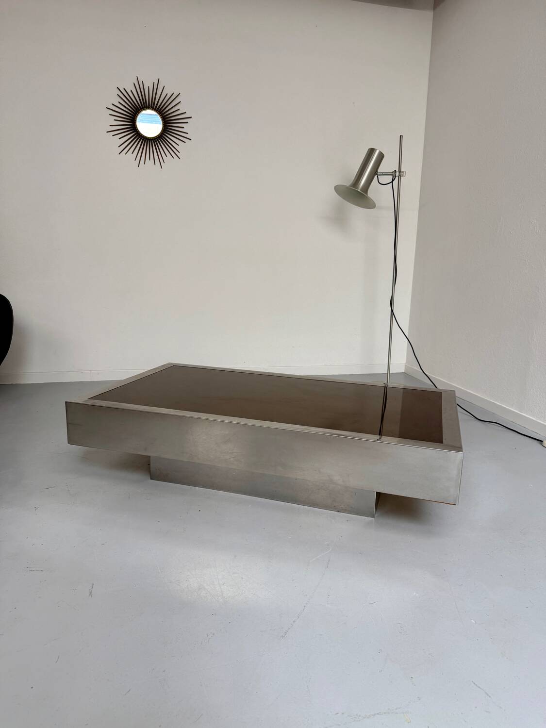 Italian coffee table in chromed metal and vintage brown glass top 70s