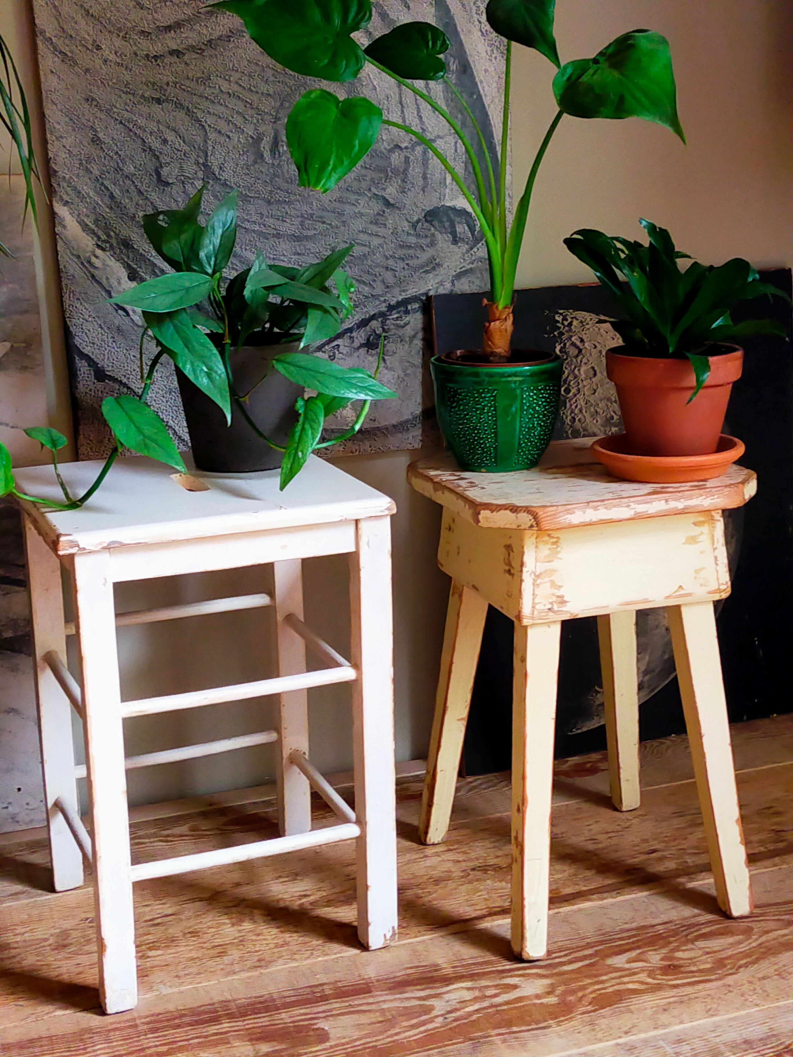 Workshop stool in antique patinated solid wood