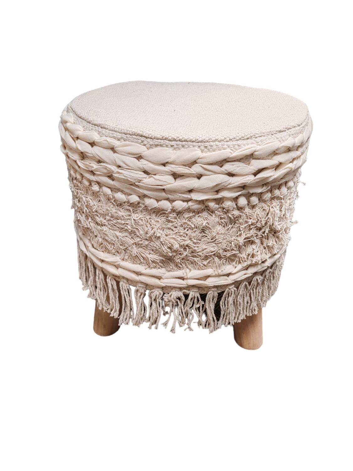 Tabouret pouf bois et tissus.