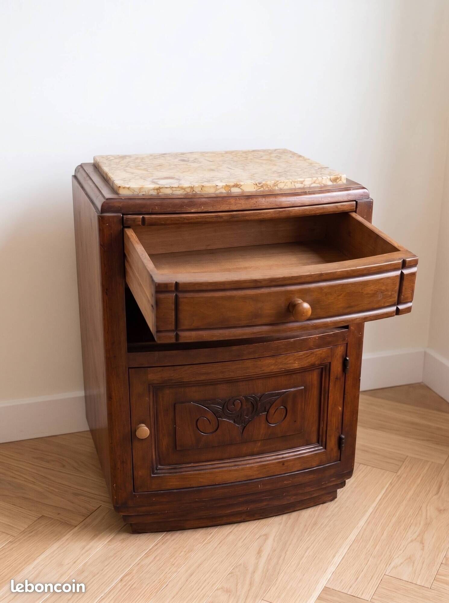 Antique Art Deco bedside table in wood and marble