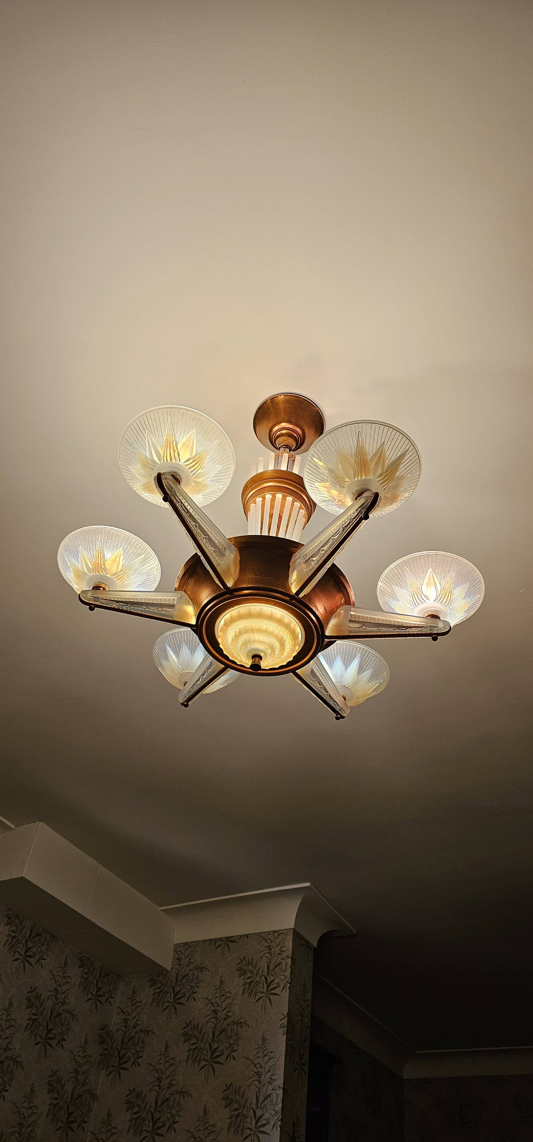 Art Deco chandelier by H.Petitot and Jean Gauthier in copper-plated metal and opal glass