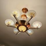 Art Deco chandelier by H.Petitot and Jean Gauthier in copper-plated metal and opal glass