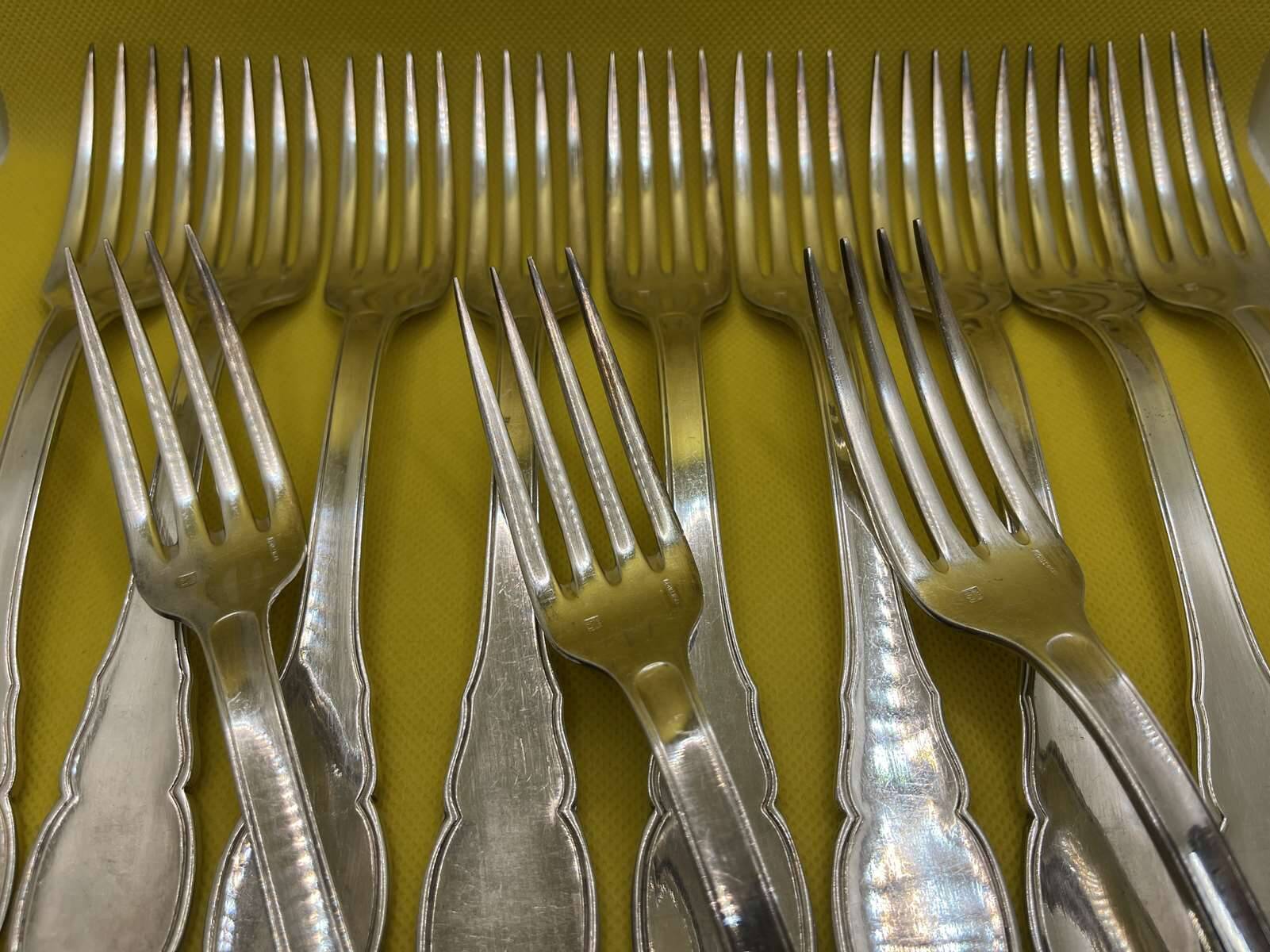Set of 12 large silver-plated metal forks BOULENGER