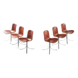 Set of Six Vintage Poul Kjaerholm PK-9 Dining Chairs Brown Leather, 1960s