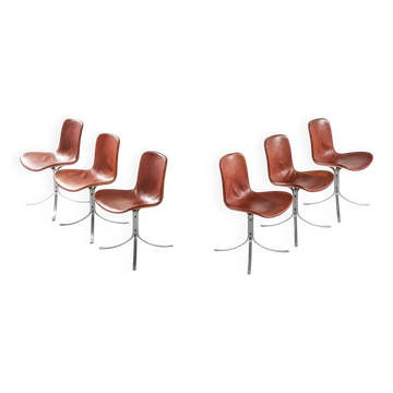 Lot de six chaises de salle à manger vintage Poul Kjaerholm PK-9 en cuir marron, années 1960
