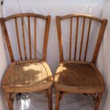 Duo of bistro chairs in bare wood, fully sanded and curved wooden backrest
