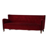 Modern Danish canapé, 3-seater in red velvet, Fritz Hansen style, 1940s.