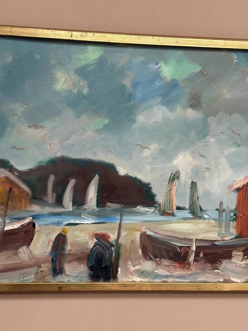 Original Swedish Oil on Canvas – “Coastal Village” by Eric Lo – Signed – Vintage & Framed