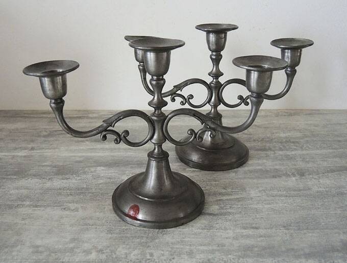 2 old hallmarked pewter 3-branch candlesticks