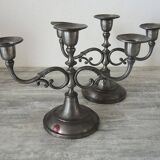 2 old hallmarked pewter 3-branch candlesticks