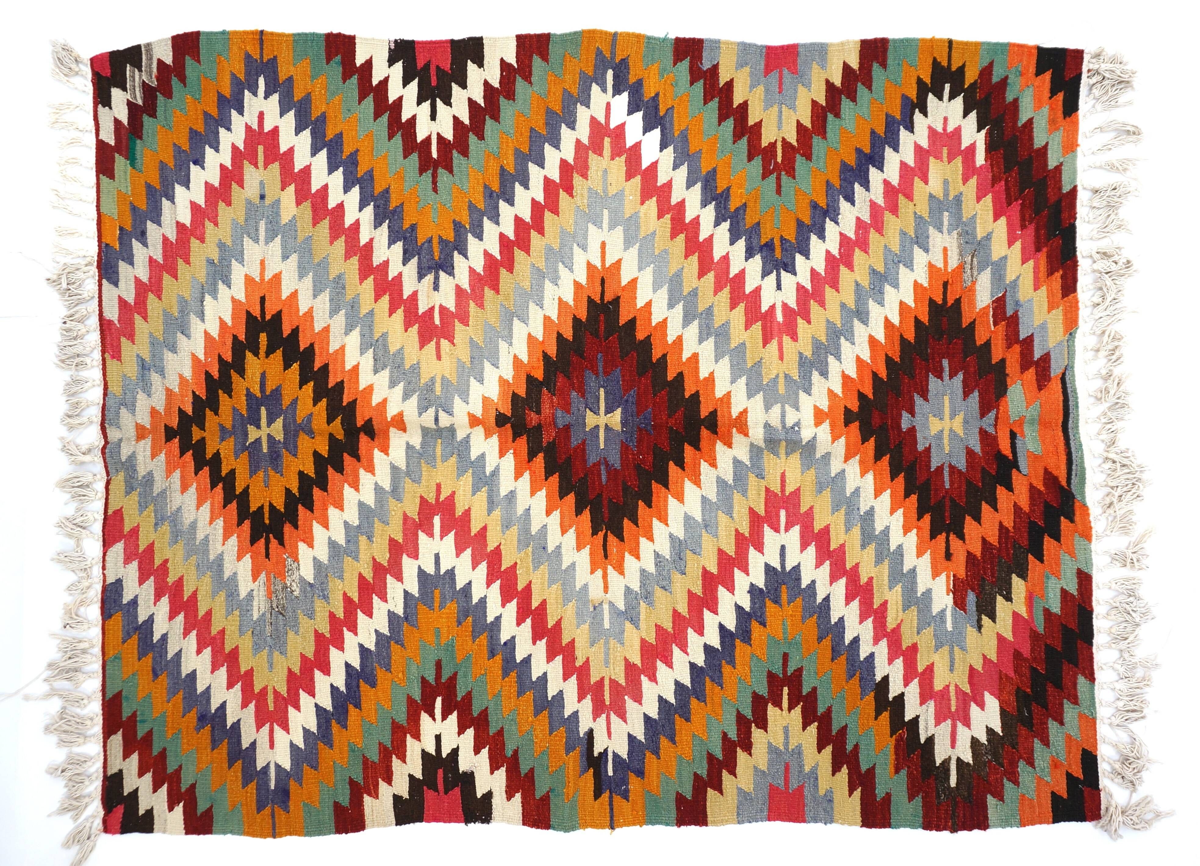 Tapis Kilim Vintage Zigzag – Tissage Anatolien à Motifs Diamants