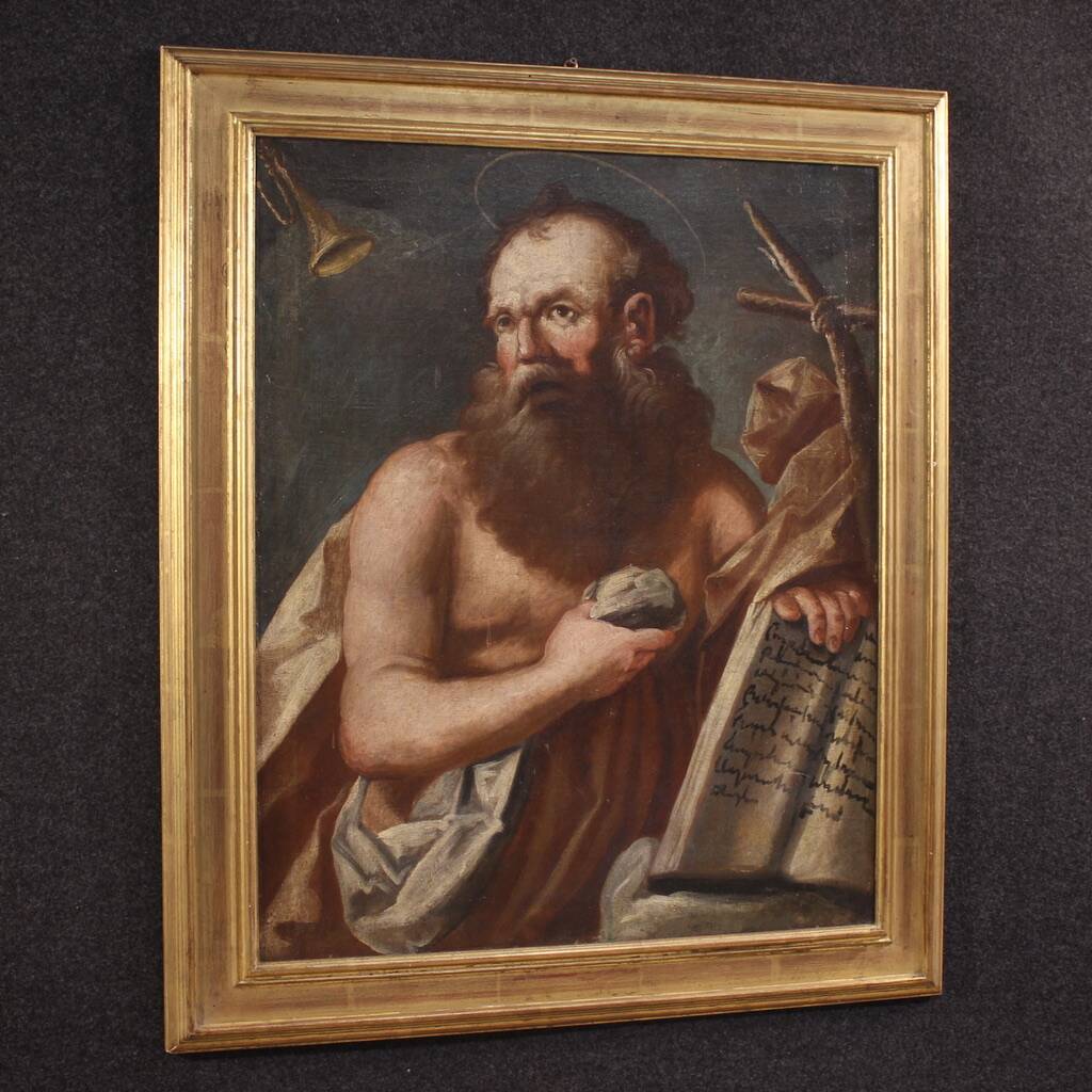 Antique religious painting from the 17th century, Penitent Saint Jerome