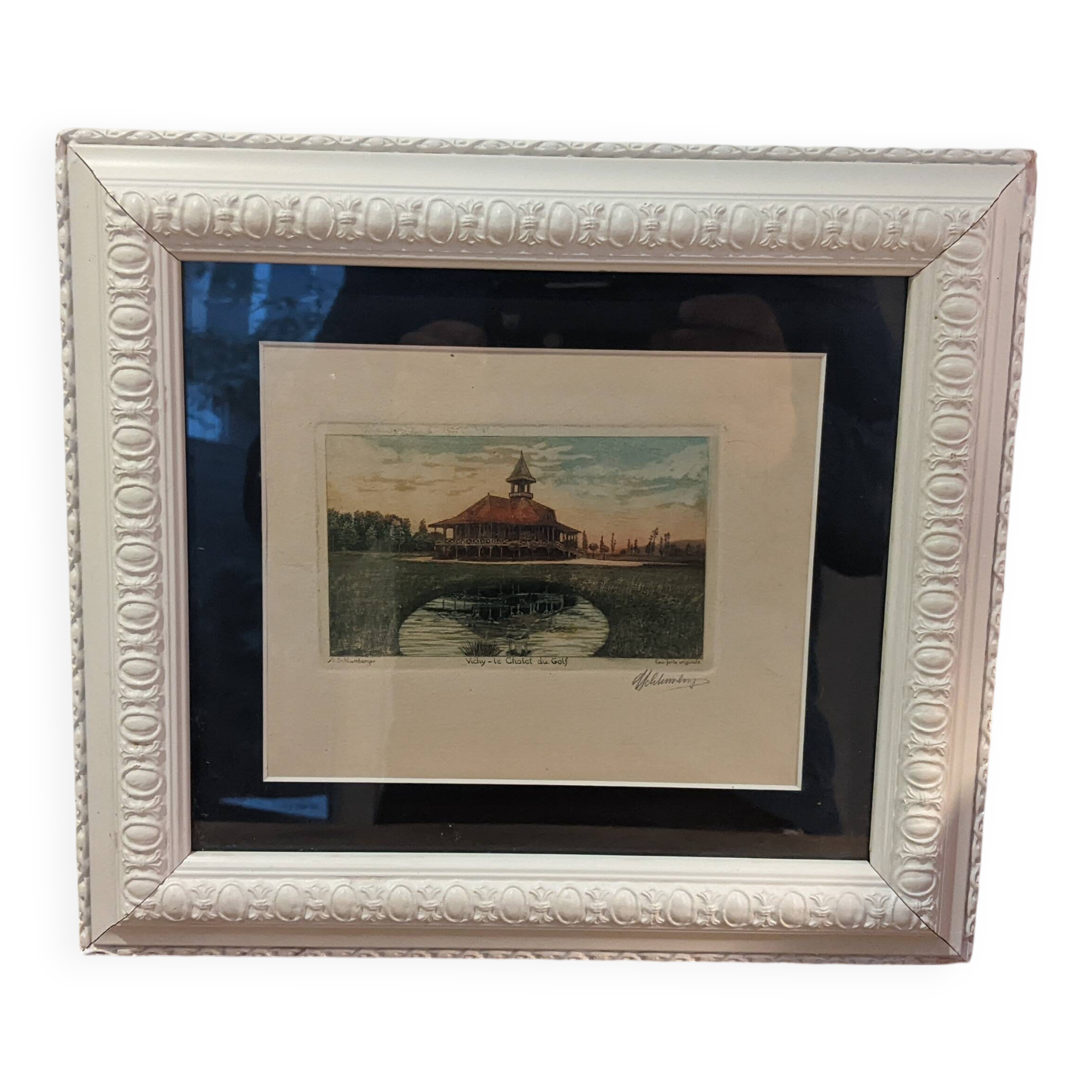 Original etching signed Schlumberger Vichy Bellerive the Allier golf chalet