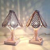 Pair of cane and bamboo bedside lamps