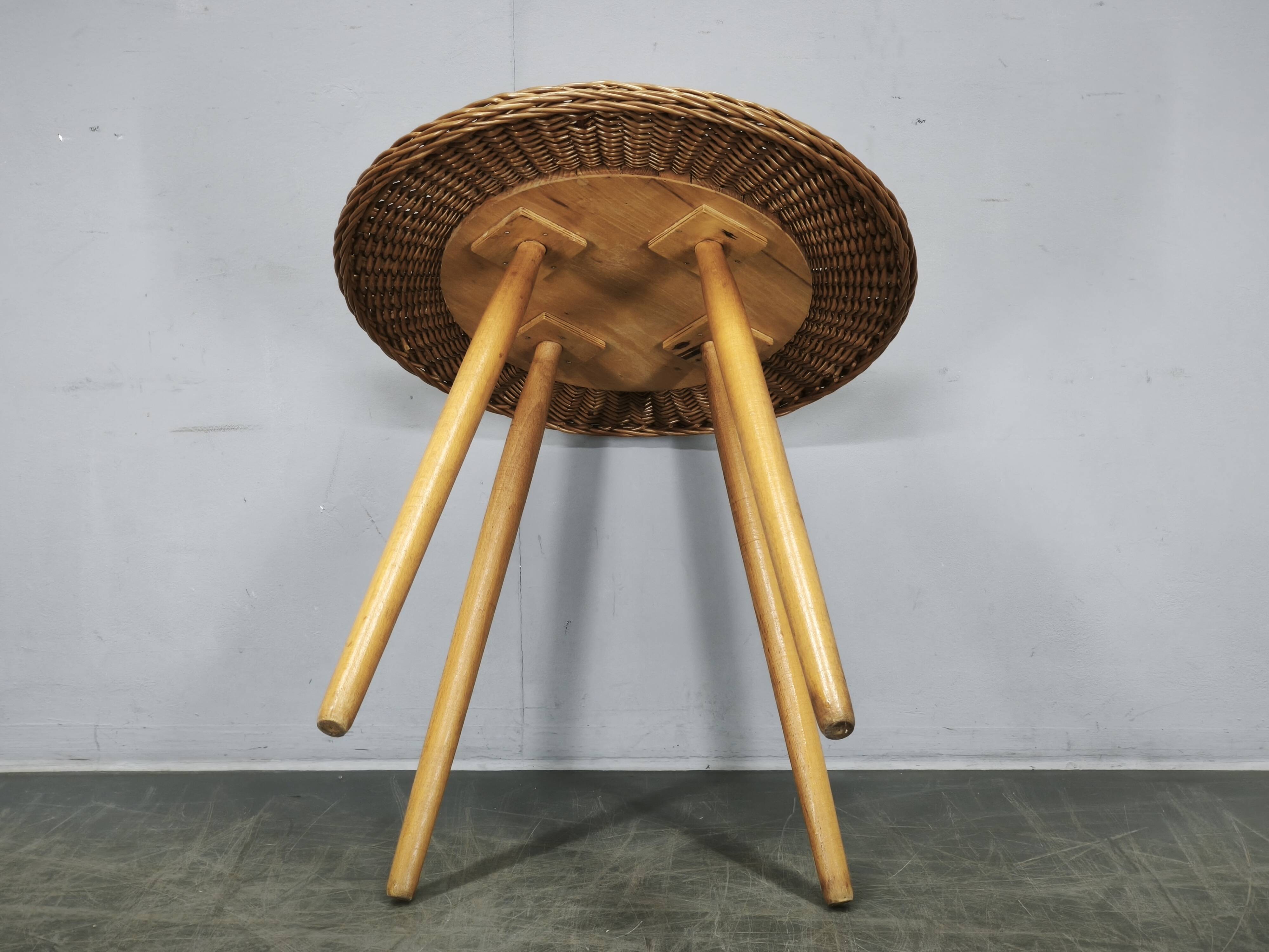 Jan Kalous Rattan and Beech Side Table, Czechoslovakia, 1970s