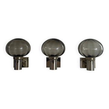 Set of 3 grey glass and chrome wall lights from the mid-century by N Leuchten, 1960s, Germany.