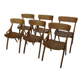 Vintage set of 6 Arne Hovmand Olsen chairs 60's Design