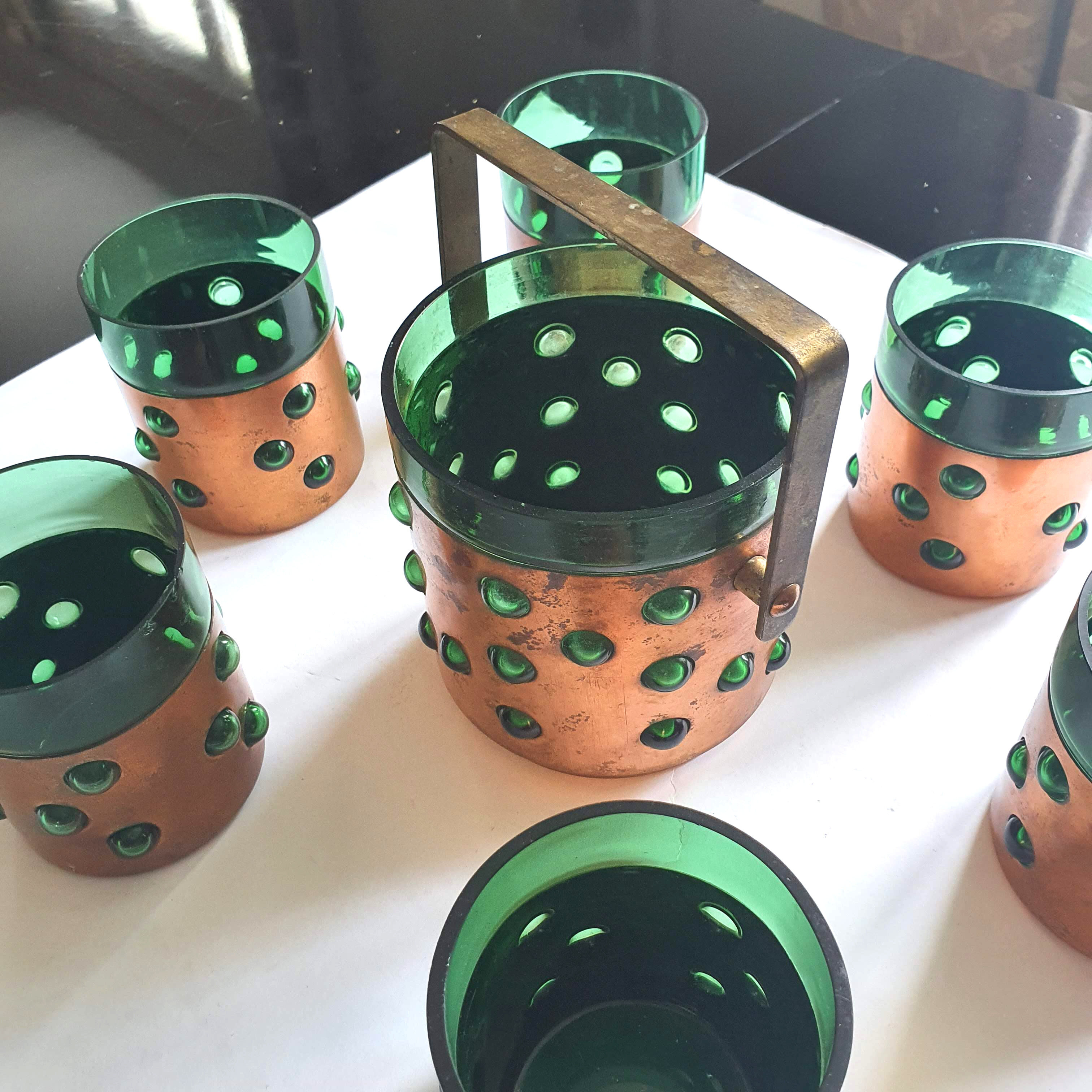 1950s whiskey glasses and ice bucket
