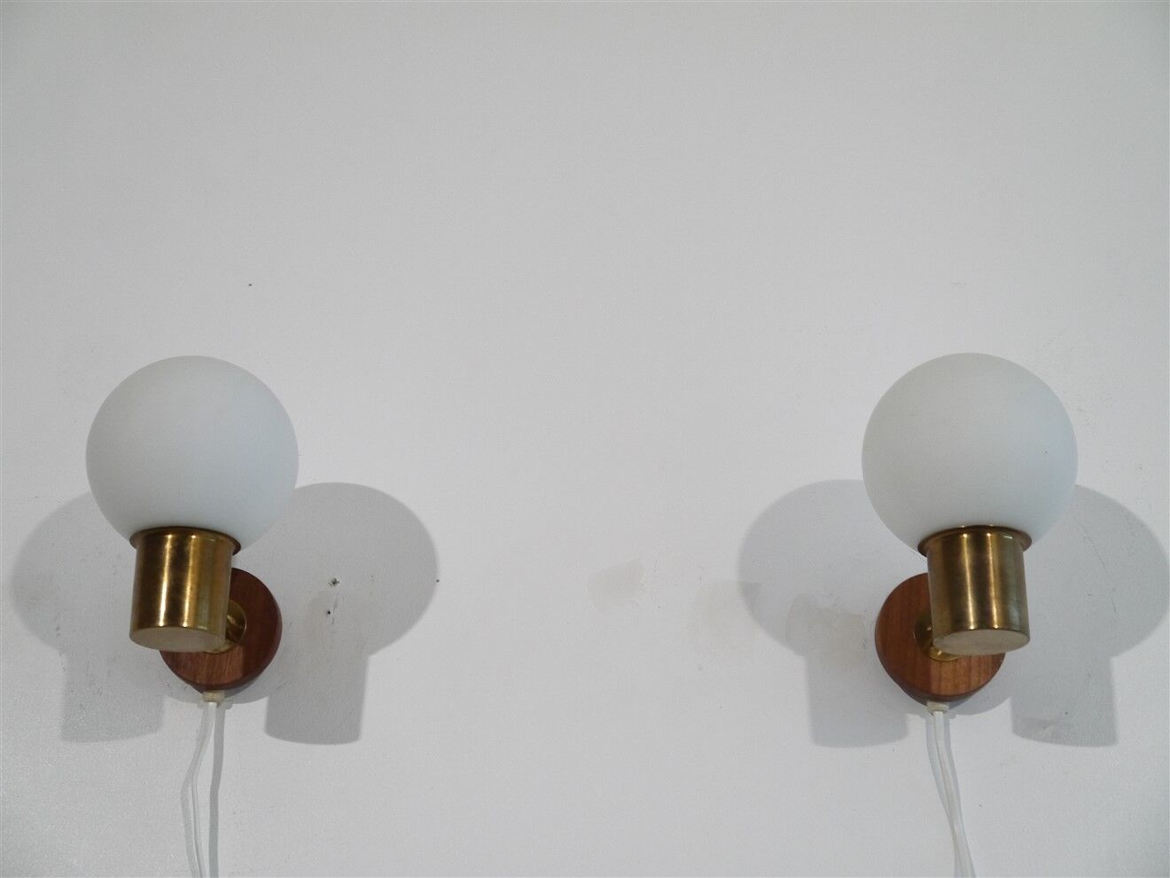 Pair of danish vintage teak and opaline wall lamps 1960