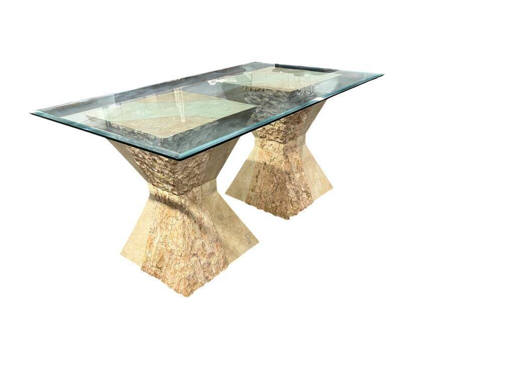 vintage stone dining table with glass top